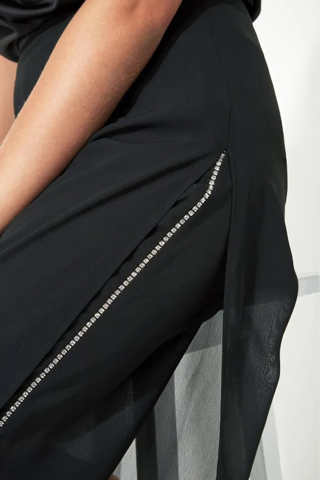 Women Black Diamante Side Split Chiffon Trousers Roman Occasionwear