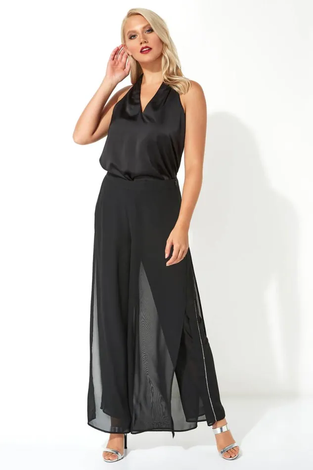 Women Black Diamante Side Split Chiffon Trousers Roman Occasionwear