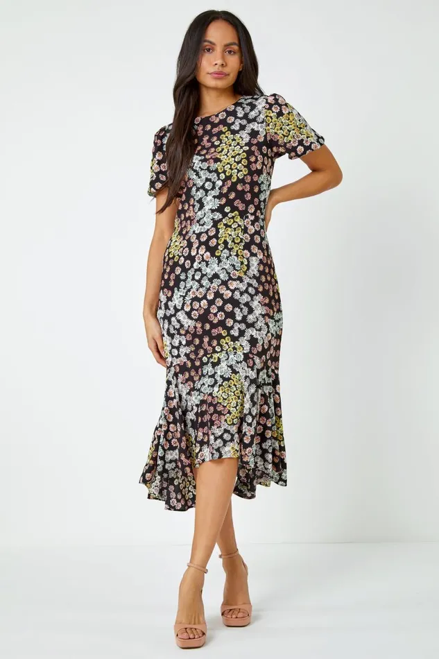 Women Black Ditsy Floral Frill Midi Dress Roman Dresses
