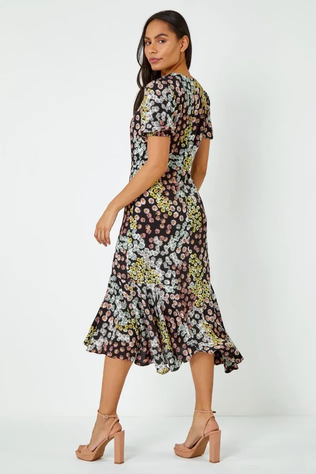 Women Black Ditsy Floral Frill Midi Dress Roman Dresses