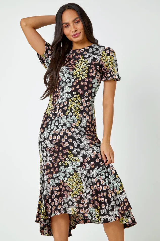 Women Black Ditsy Floral Frill Midi Dress Roman Dresses
