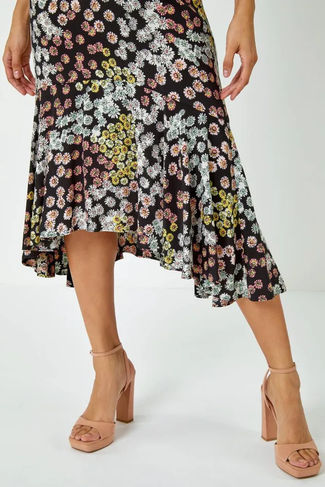 Women Black Ditsy Floral Frill Midi Dress Roman Dresses
