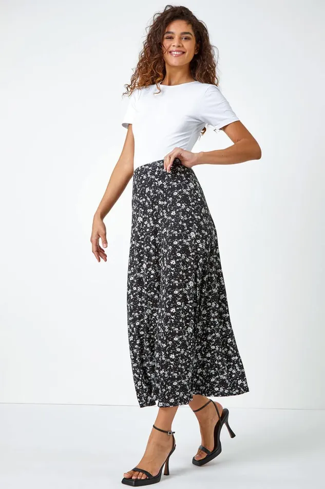 Women Black Ditsy Floral Print Midi Skirt Roman Skirts