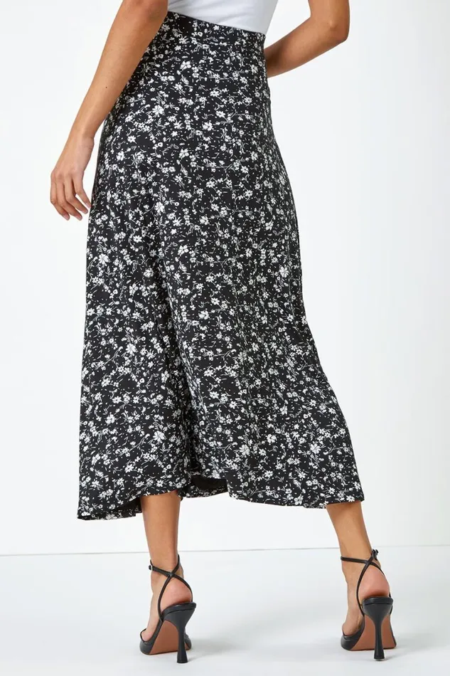 Women Black Ditsy Floral Print Midi Skirt Roman Skirts