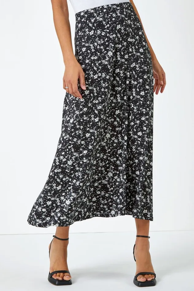 Women Black Ditsy Floral Print Midi Skirt Roman Skirts