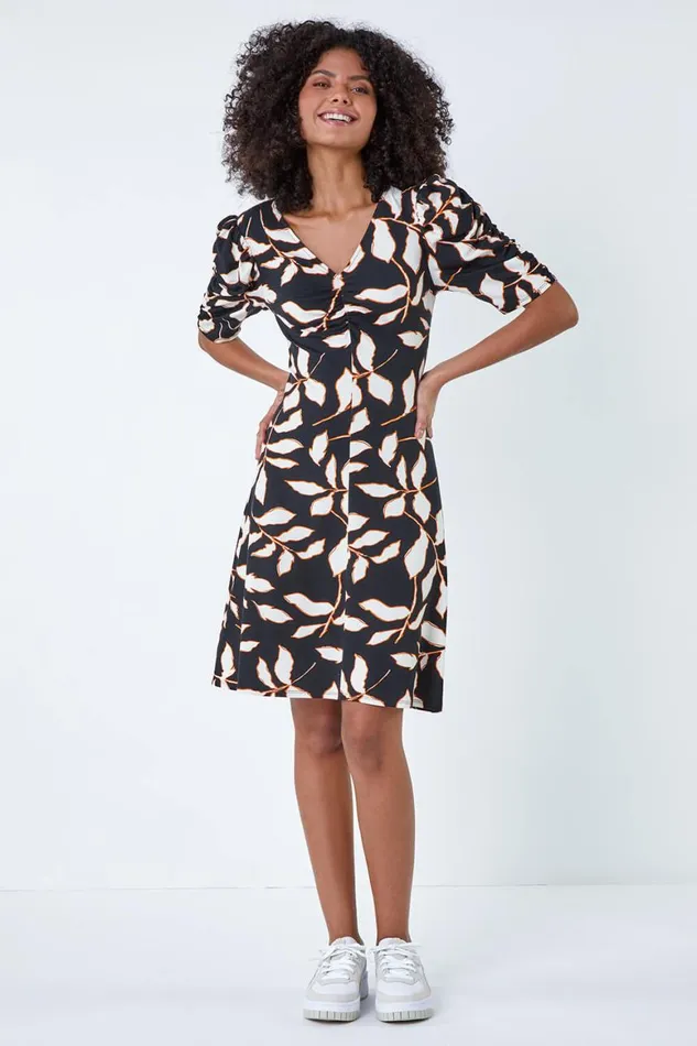 Women Black Ditsy Leaf Ruched Puff Sleeve Dress Roman Dresses