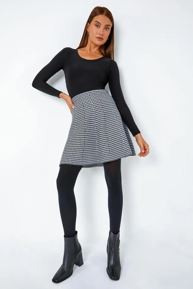 Women Black Dogstooth Knitted ALine Mini Skirt Roman Skirts