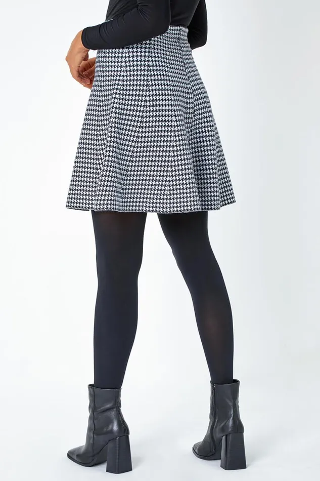Women Black Dogstooth Knitted ALine Mini Skirt Roman Skirts