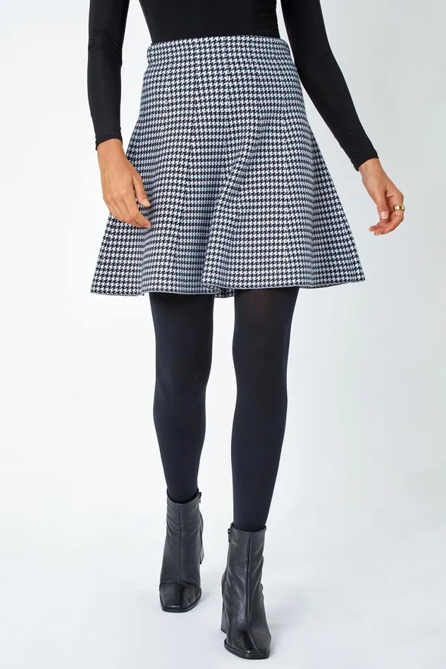 Women Black Dogstooth Knitted ALine Mini Skirt Roman Skirts