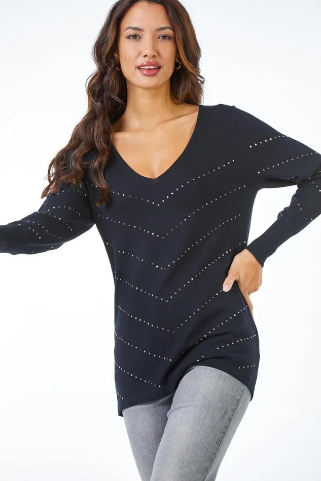 Women Black Embellished Geometric Print Jumper Roman Knitwear