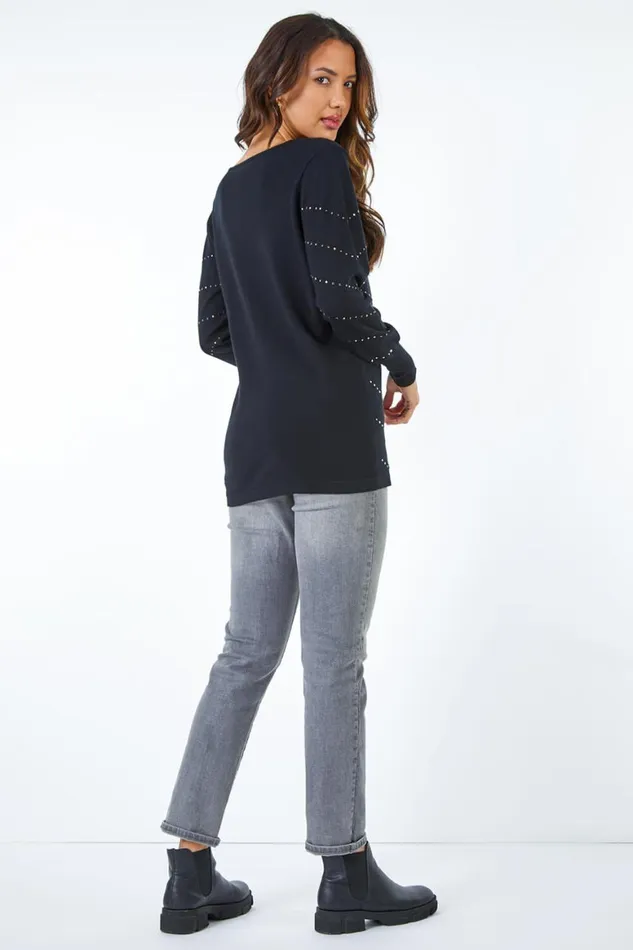 Women Black Embellished Geometric Print Jumper Roman Knitwear