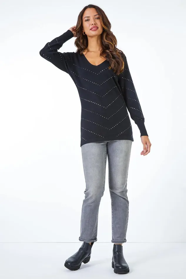 Women Black Embellished Geometric Print Jumper Roman Knitwear