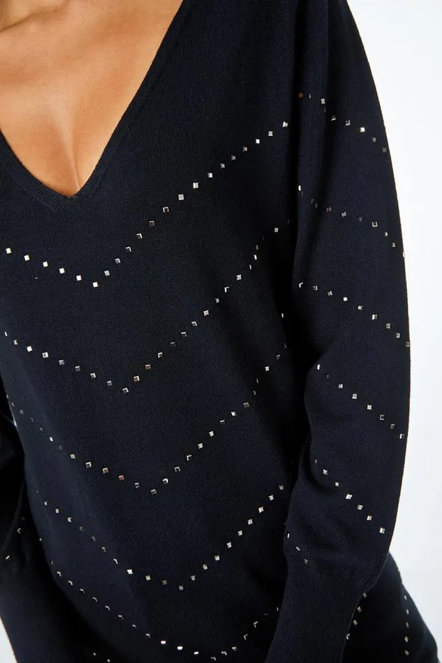 Women Black Embellished Geometric Print Jumper Roman Knitwear