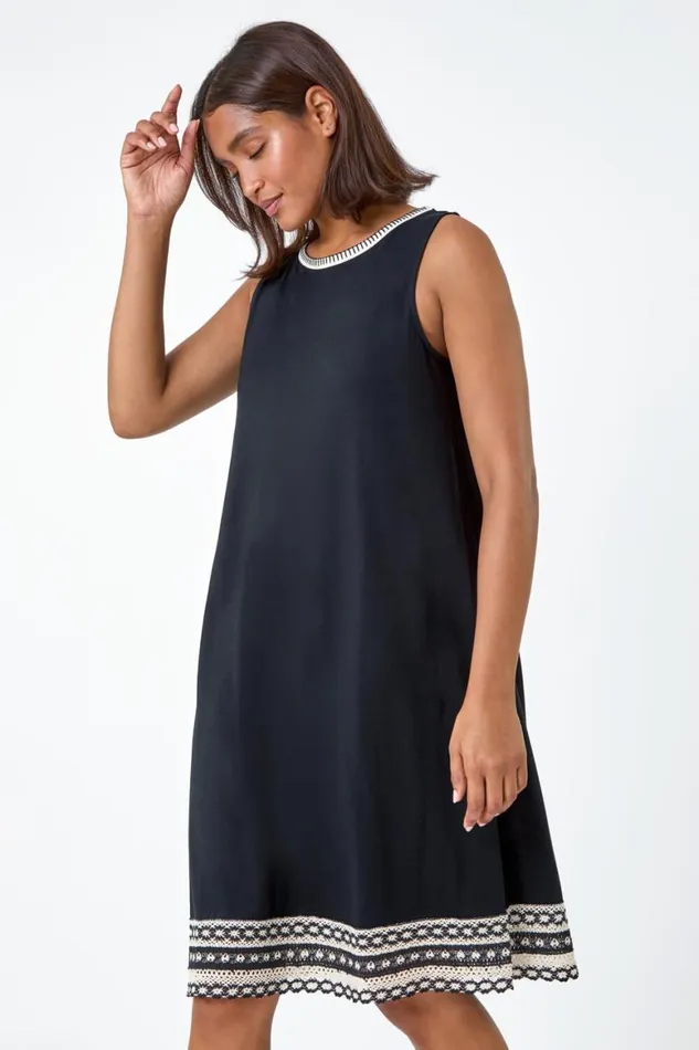 Women Black Embroidered Trim Stretch Jersey Shift Dress Roman Dresses