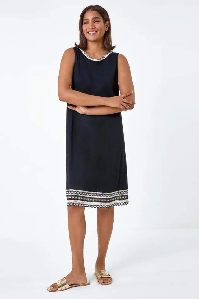 Women Black Embroidered Trim Stretch Jersey Shift Dress Roman Dresses