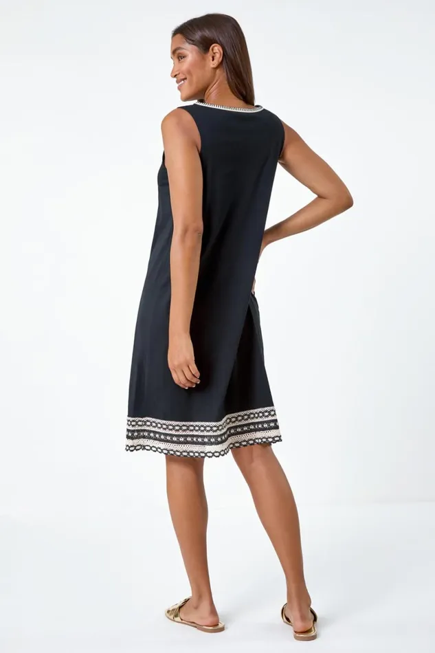 Women Black Embroidered Trim Stretch Jersey Shift Dress Roman Dresses