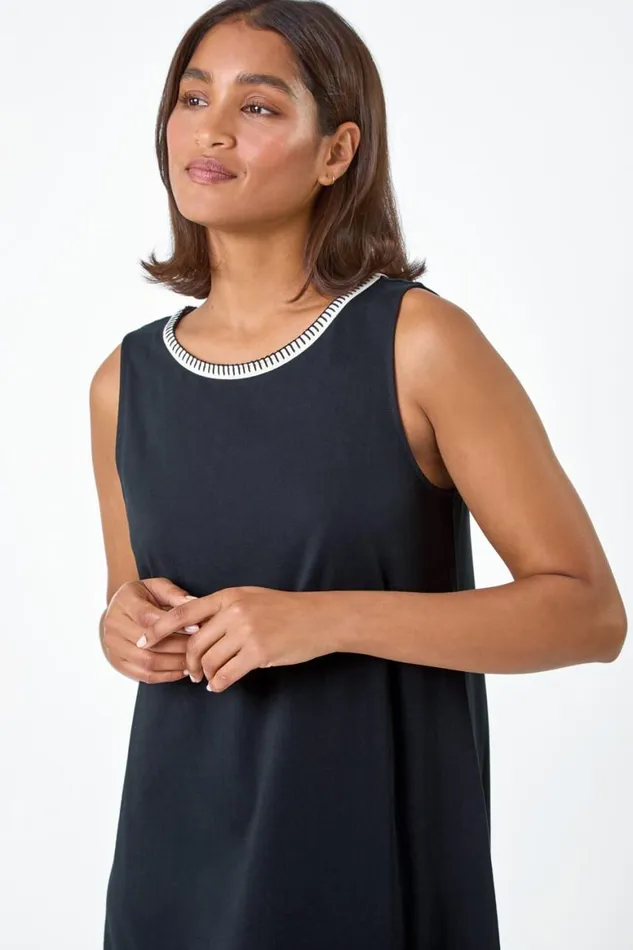 Women Black Embroidered Trim Stretch Jersey Shift Dress Roman Dresses