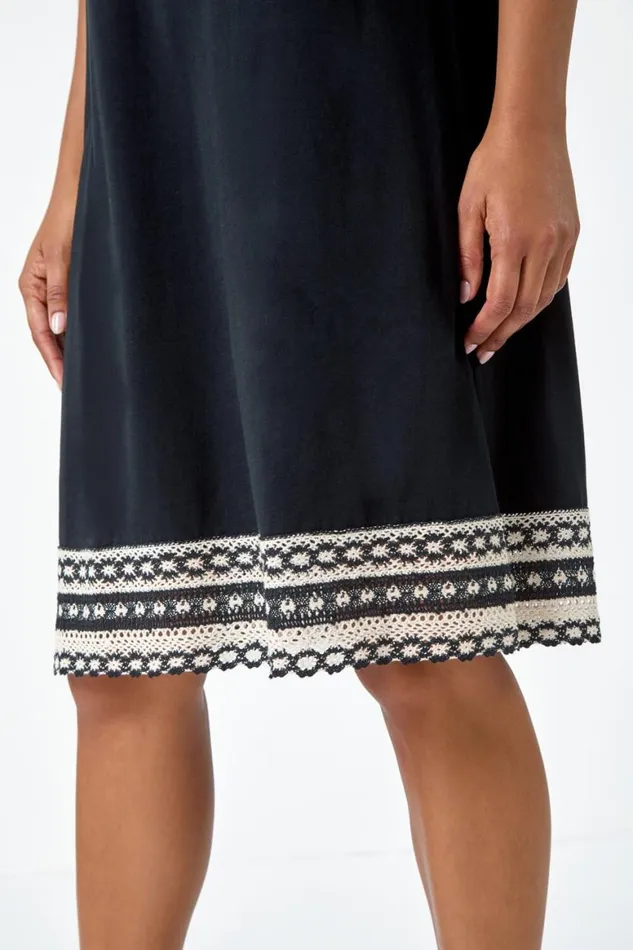Women Black Embroidered Trim Stretch Jersey Shift Dress Roman Dresses