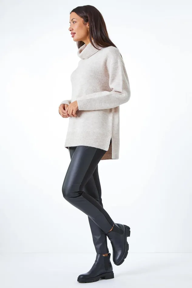 Women Black Faux Leather Panel Leggings Roman Occasionwear
