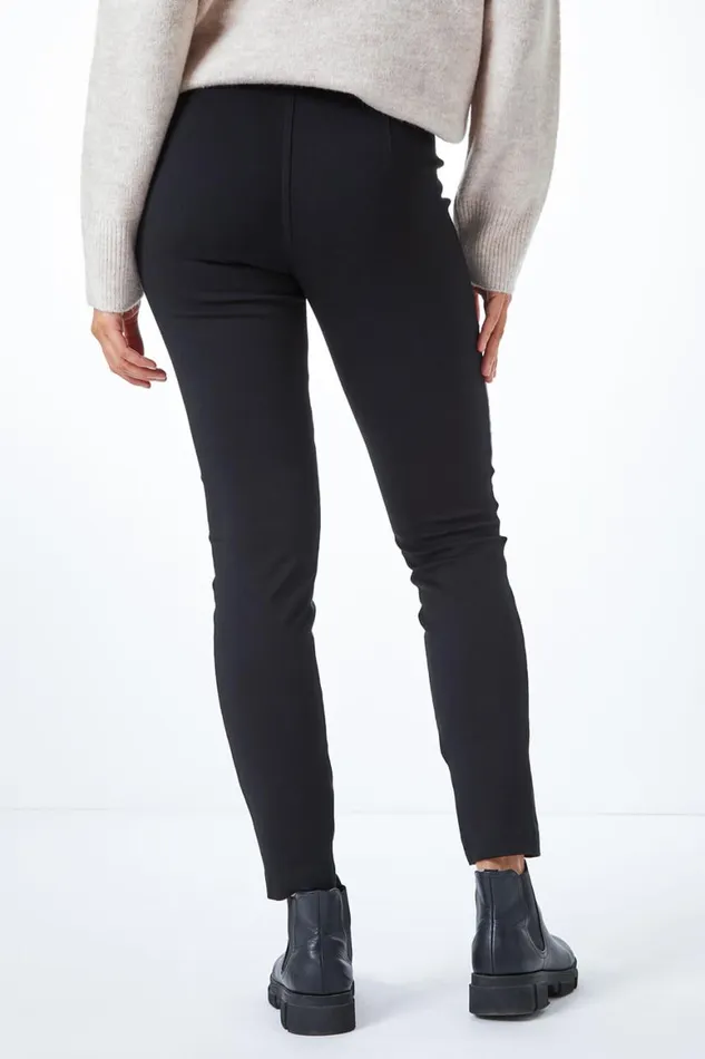 Women Black Faux Leather Panel Leggings Roman Occasionwear