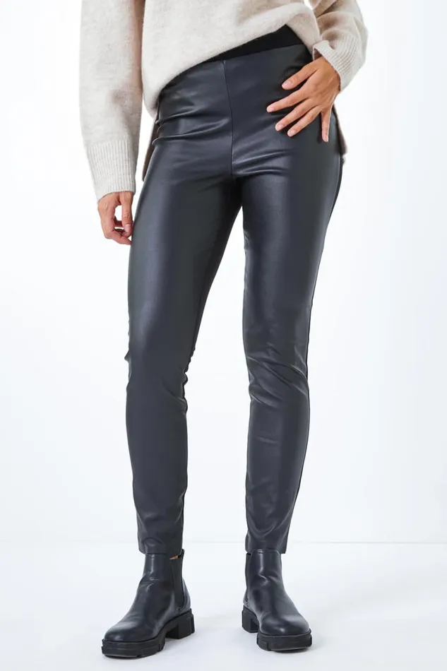 Women Black Faux Leather Panel Leggings Roman Occasionwear