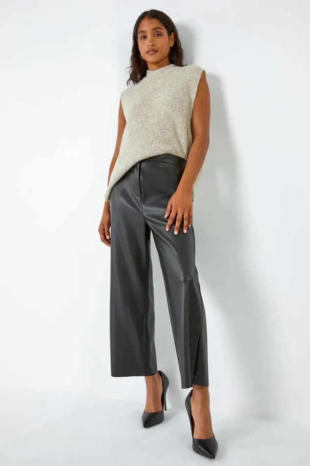 Women Black Faux Leather Wide Leg Crop Trousers Roman Trousers
