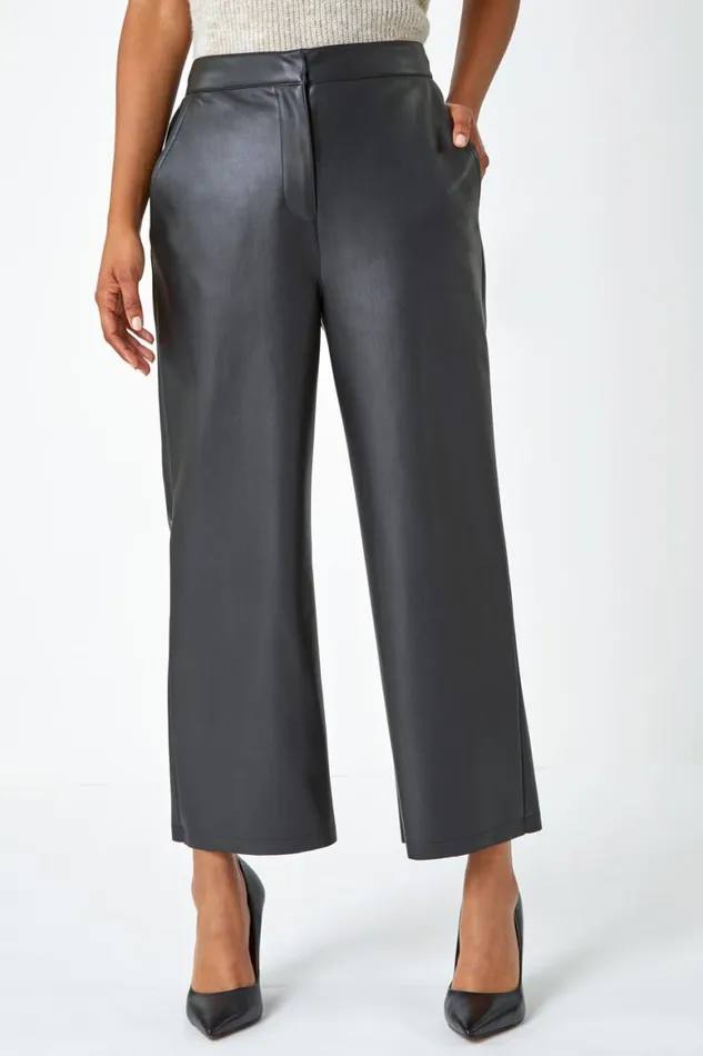 Women Black Faux Leather Wide Leg Crop Trousers Roman Trousers
