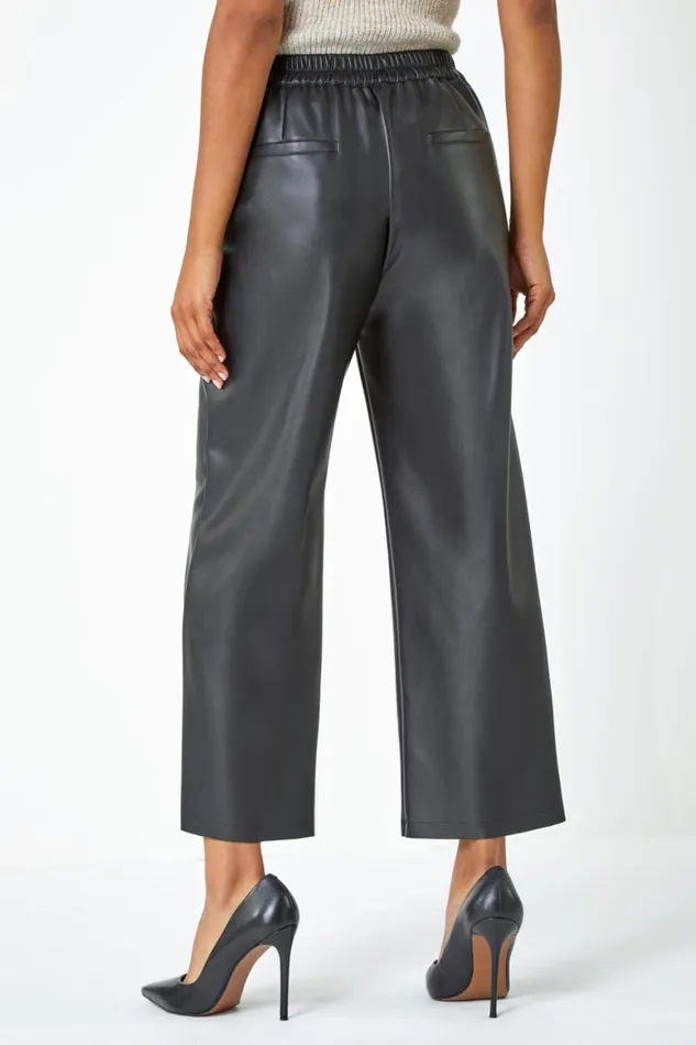 Women Black Faux Leather Wide Leg Crop Trousers Roman Trousers