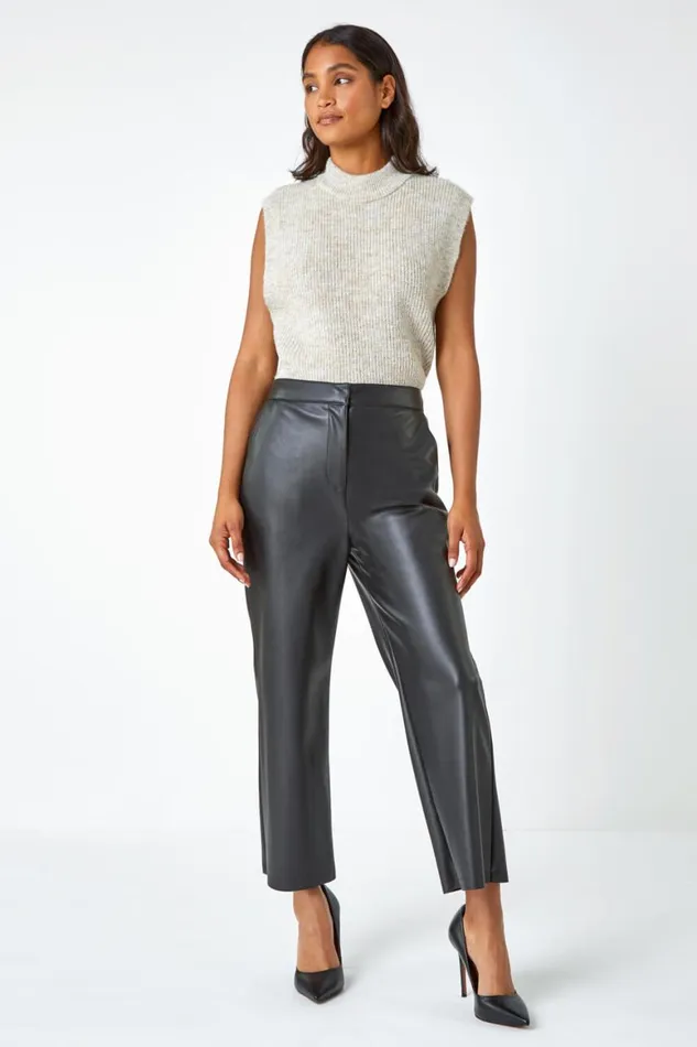 Women Black Faux Leather Wide Leg Crop Trousers Roman Trousers