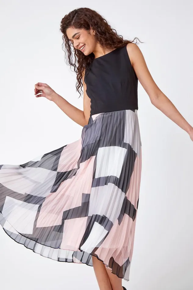 Women Black Fit And Flare Pleated Chiffon Midi Dress Roman Dresses