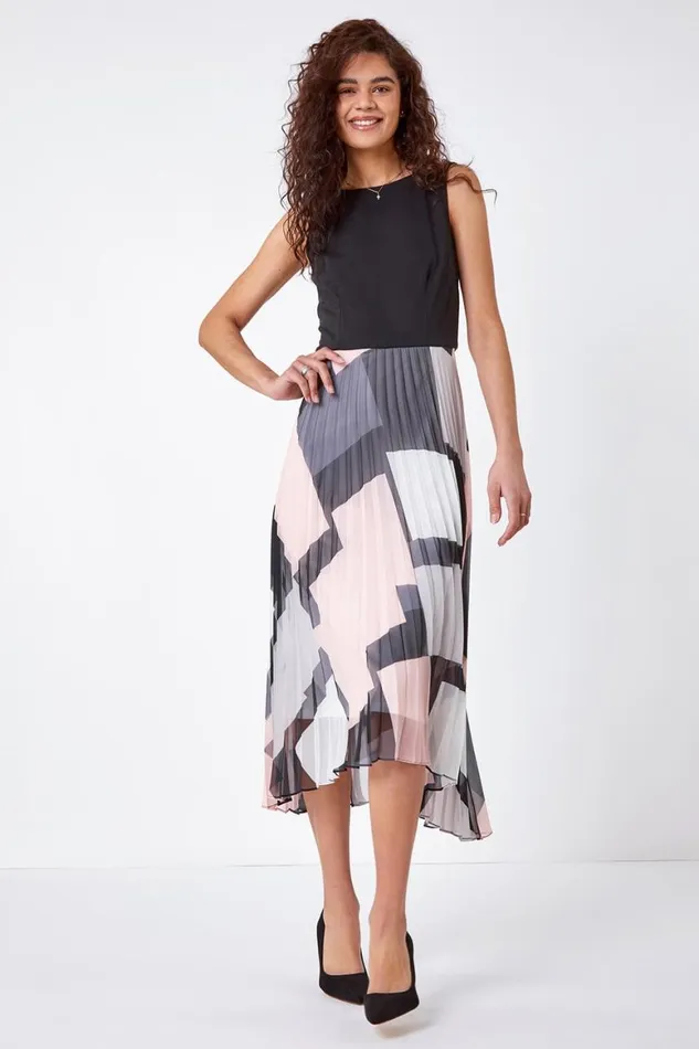 Women Black Fit And Flare Pleated Chiffon Midi Dress Roman Dresses