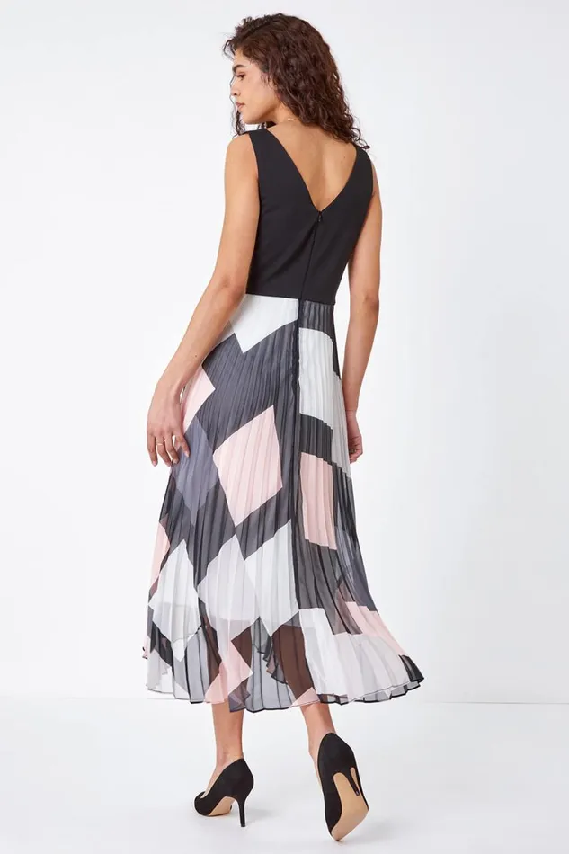 Women Black Fit And Flare Pleated Chiffon Midi Dress Roman Dresses