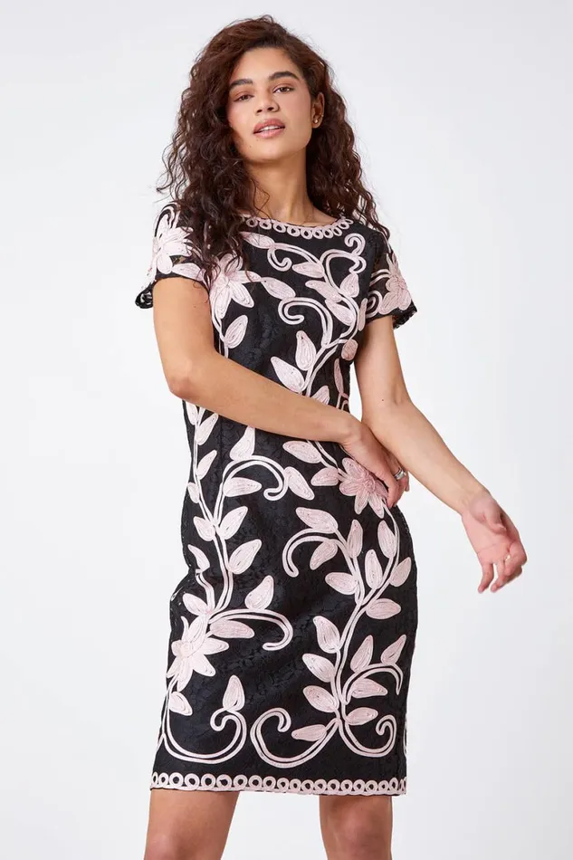 Women Black Floral Contrast Tapework Dress Roman Dresses