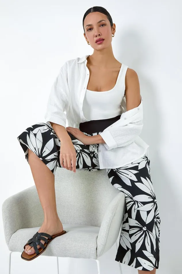Women Black Floral Elastic Waist Wide Leg Cotton Culottes Roman Trousers