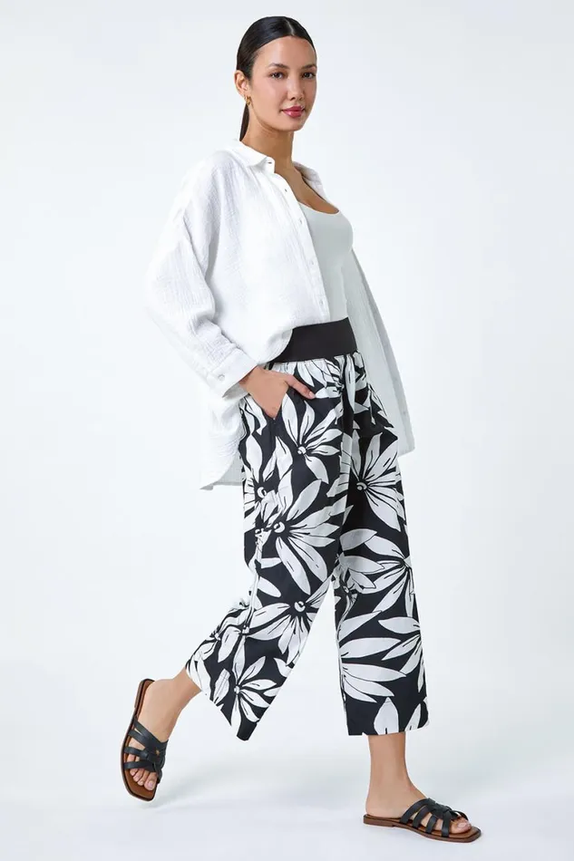 Women Black Floral Elastic Waist Wide Leg Cotton Culottes Roman Trousers
