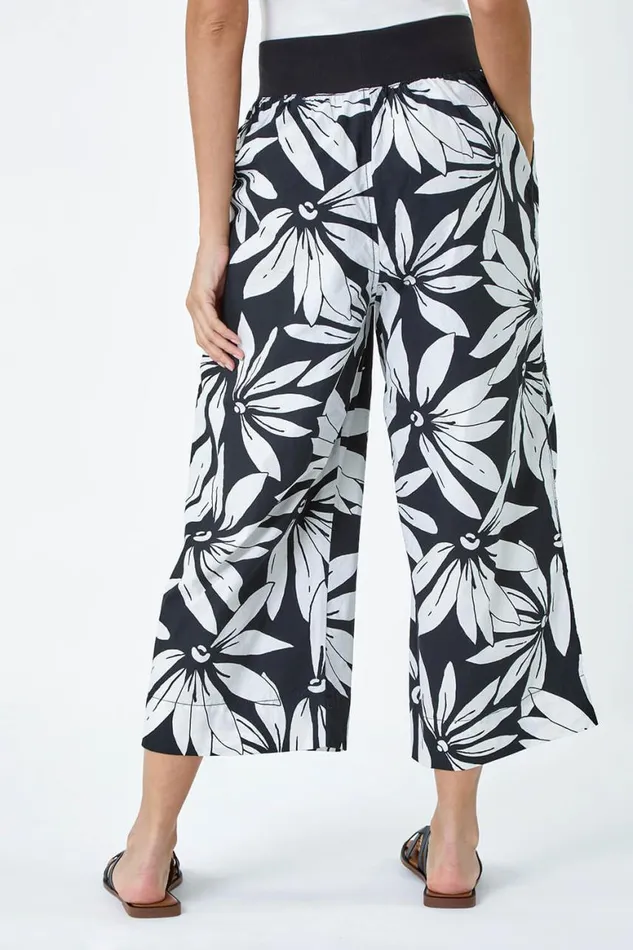 Women Black Floral Elastic Waist Wide Leg Cotton Culottes Roman Trousers