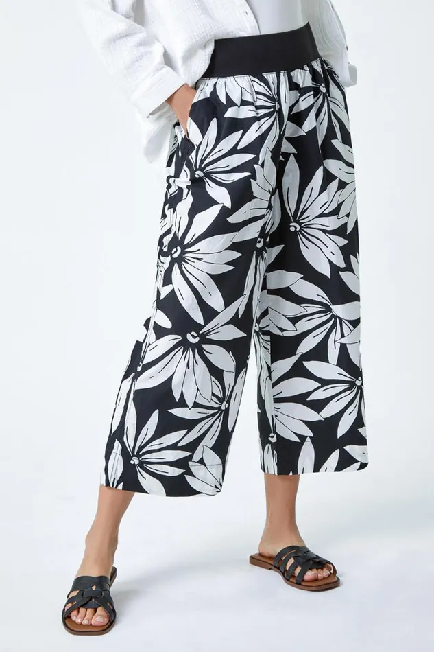 Women Black Floral Elastic Waist Wide Leg Cotton Culottes Roman Trousers