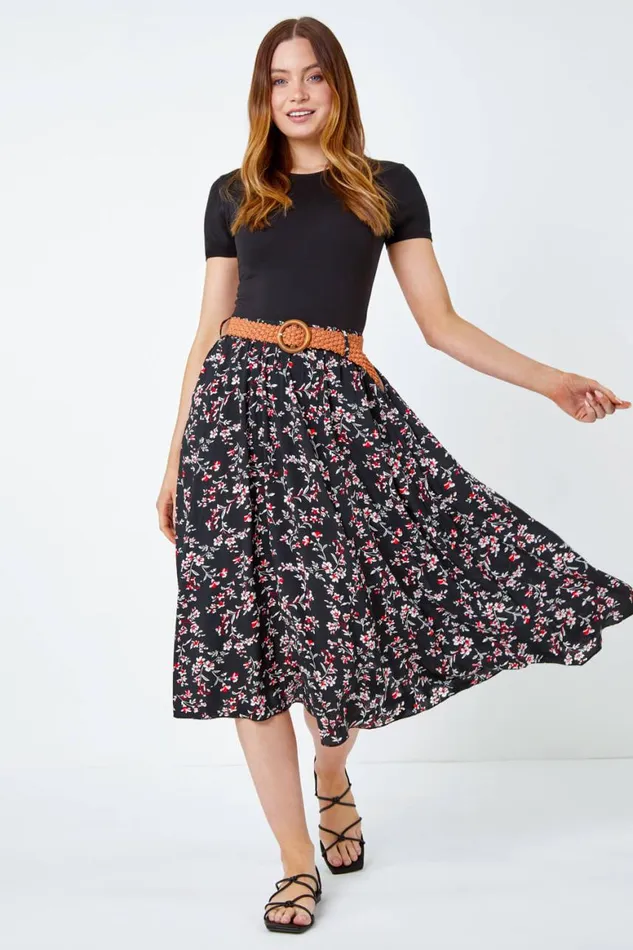 Women Black Floral Print Belted Midi Skirt Roman Skirts