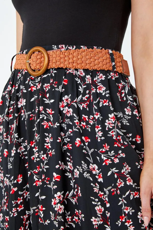 Women Black Floral Print Belted Midi Skirt Roman Skirts
