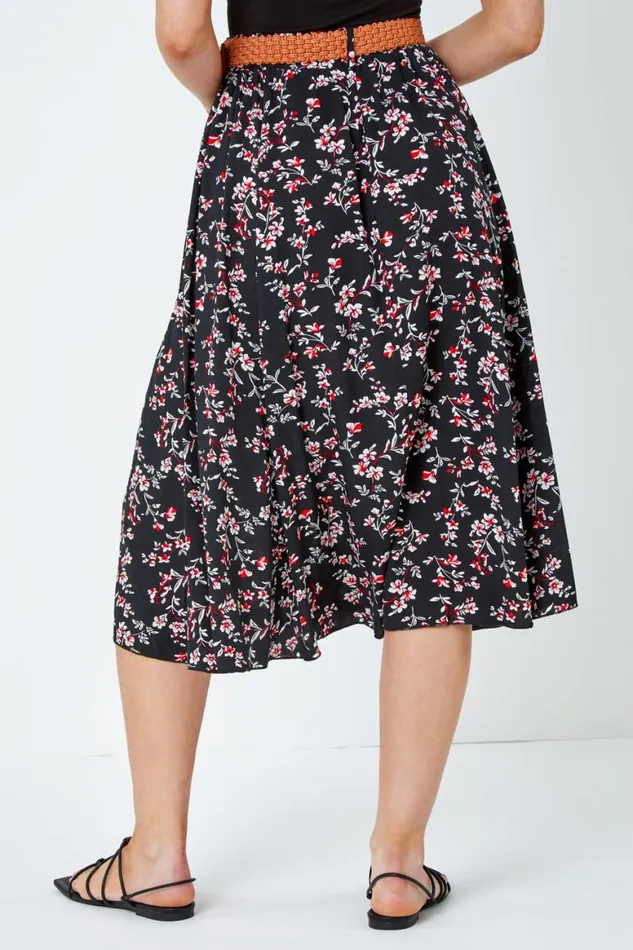 Women Black Floral Print Belted Midi Skirt Roman Skirts