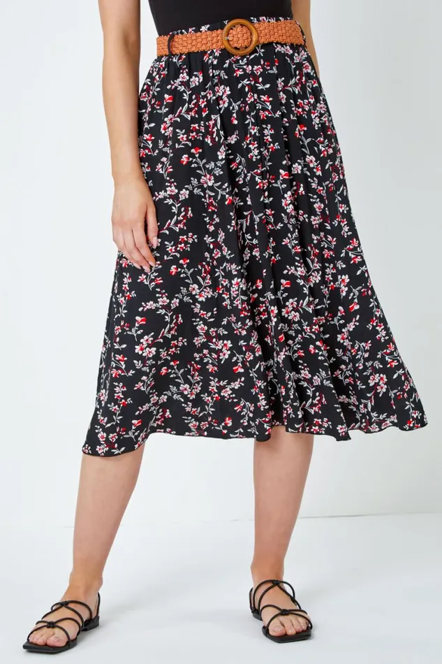 Women Black Floral Print Belted Midi Skirt Roman Skirts