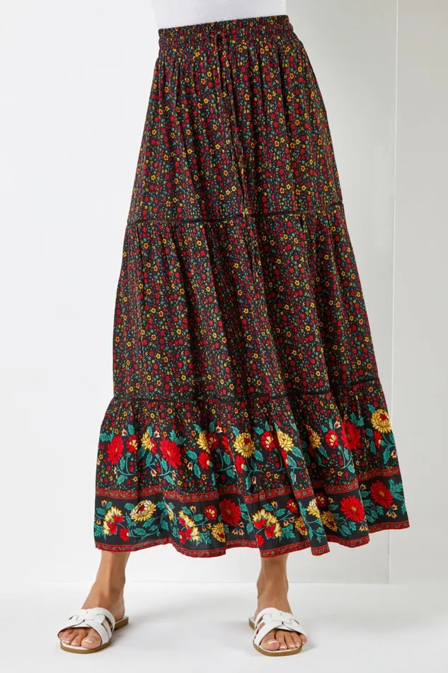 Women Black Floral Print Elastic Waist Tiered Maxi Skirt Roman Skirts