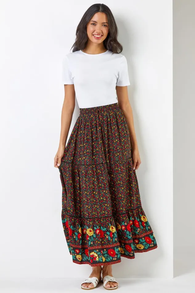 Women Black Floral Print Elastic Waist Tiered Maxi Skirt Roman Skirts