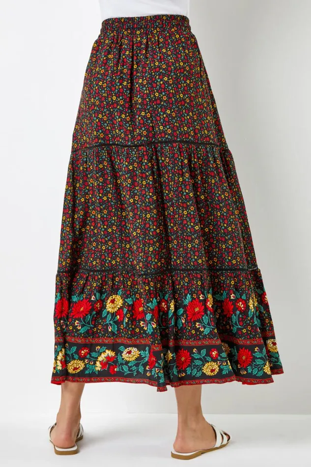 Women Black Floral Print Elastic Waist Tiered Maxi Skirt Roman Skirts