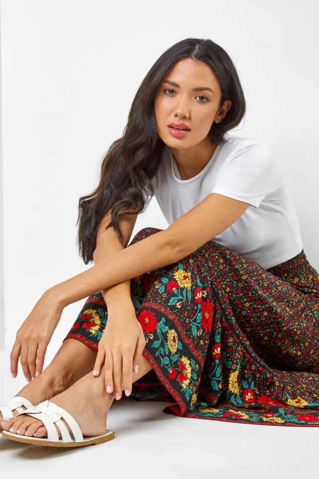 Women Black Floral Print Elastic Waist Tiered Maxi Skirt Roman Skirts