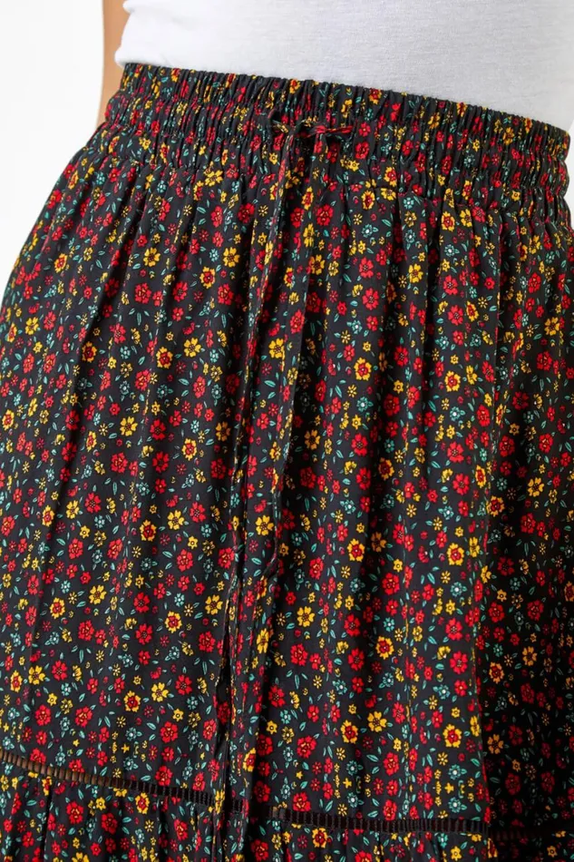 Women Black Floral Print Elastic Waist Tiered Maxi Skirt Roman Skirts