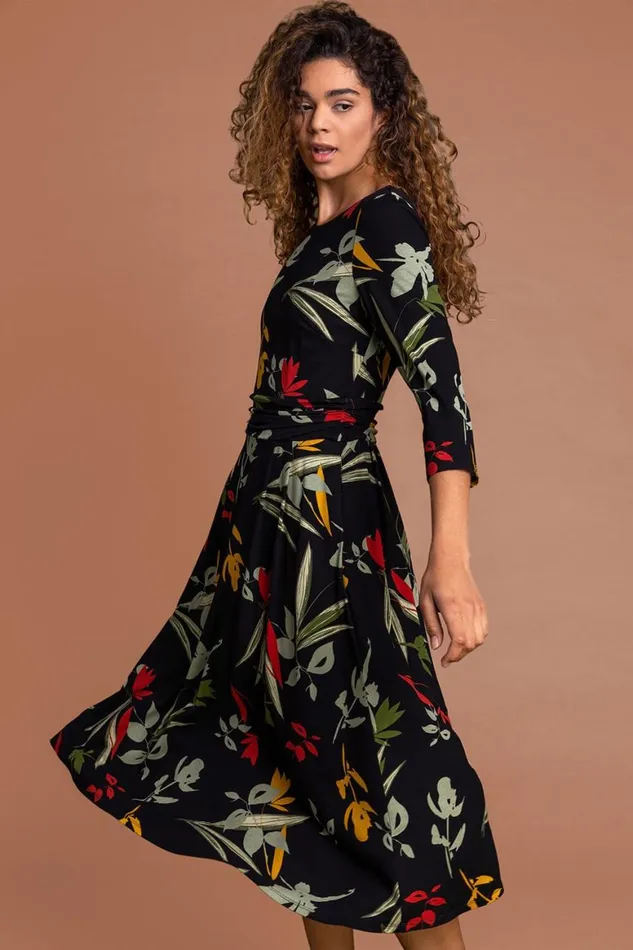 Women Black Floral Print Gathered Waist Dress Roman Dresses