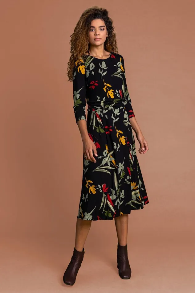 Women Black Floral Print Gathered Waist Dress Roman Dresses