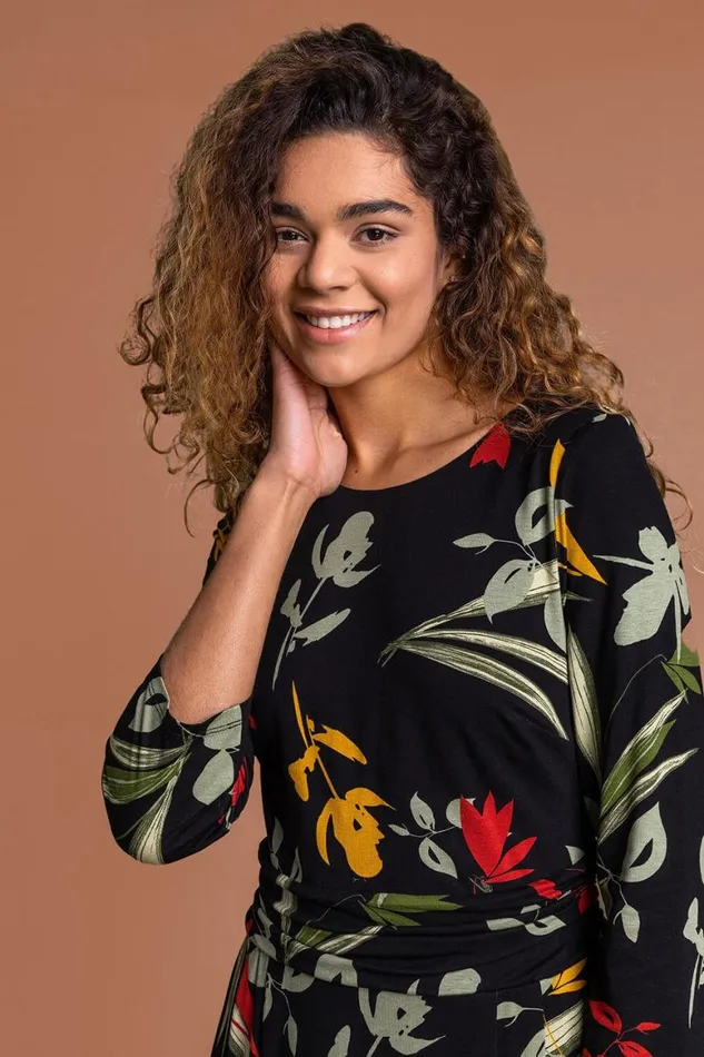 Women Black Floral Print Gathered Waist Dress Roman Dresses