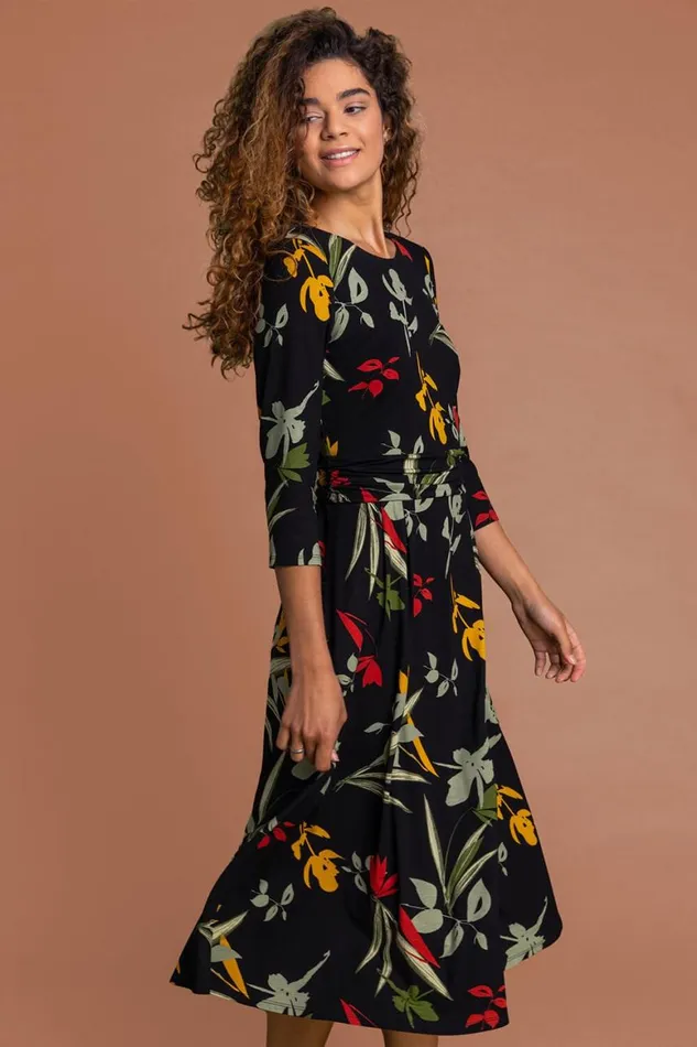 Women Black Floral Print Gathered Waist Dress Roman Dresses